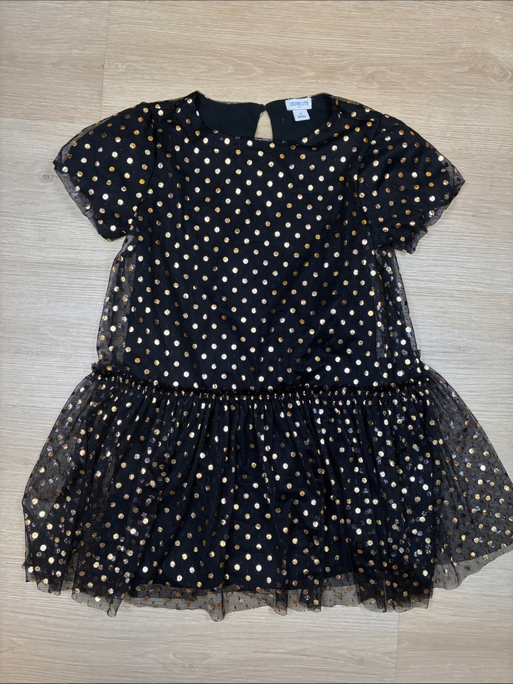 Crewcuts Black Dress with Gold Polka Dot Tulle Overlay